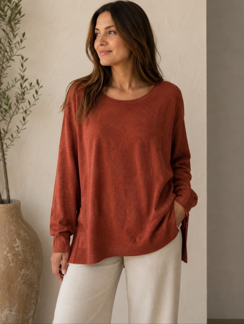Cyrus Burnt Orange Tunic Sweater Large Lightweight Knit Side Slit